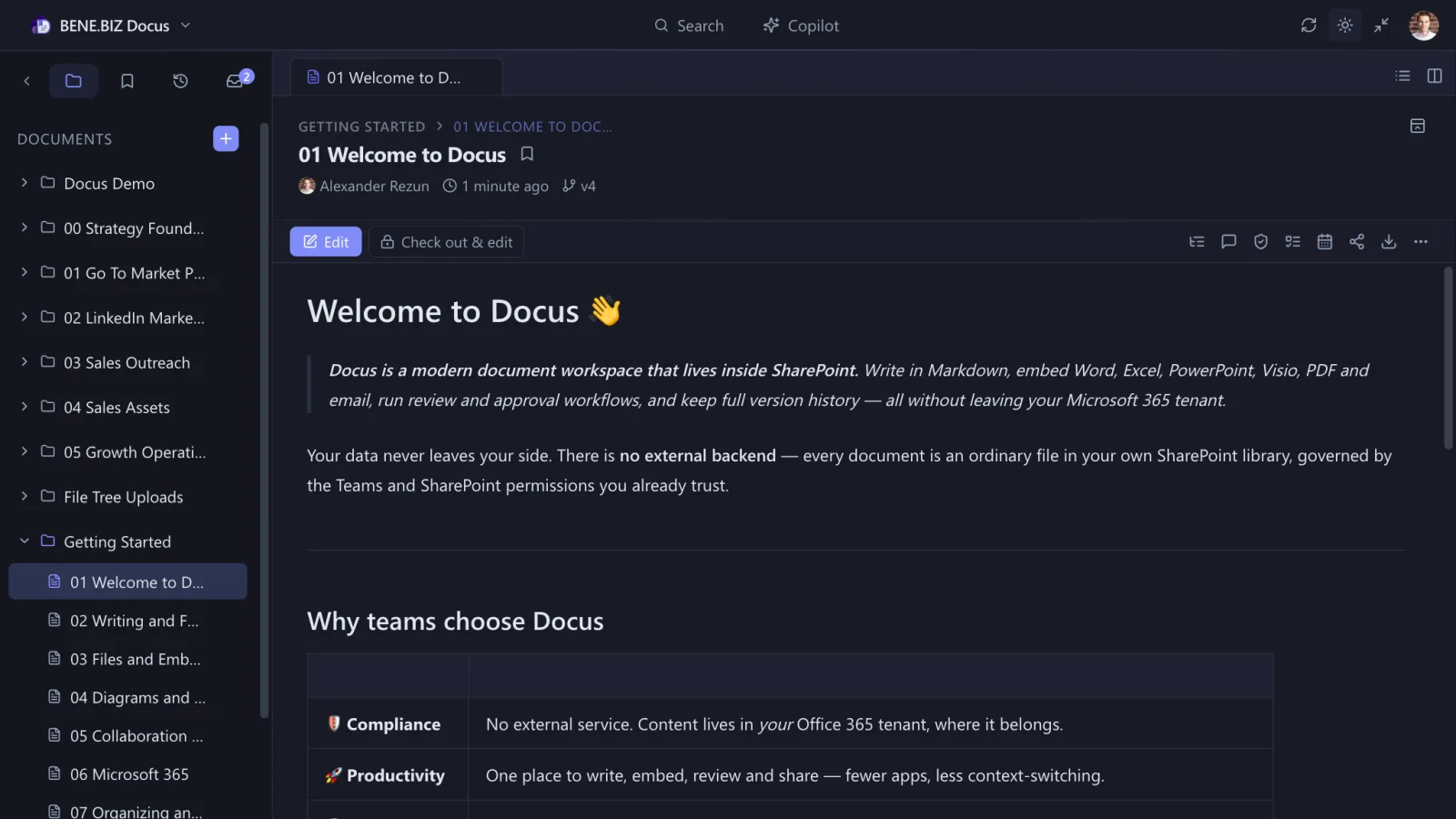Docus in dark mode
