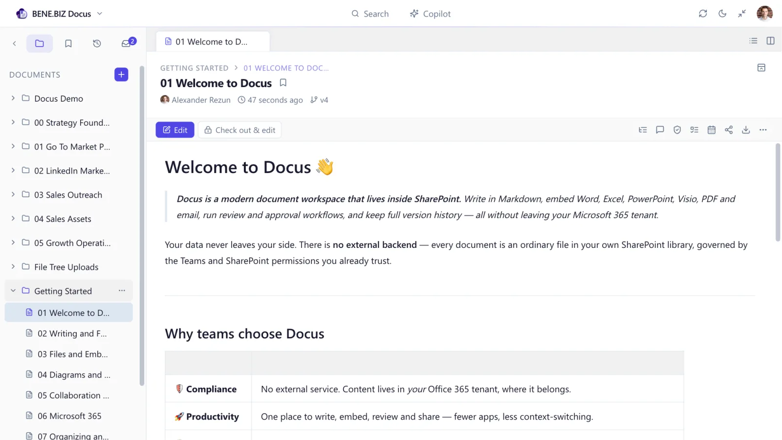 The Docus workspace running inside SharePoint: folder tree on the left, a Markdown document open in the centre