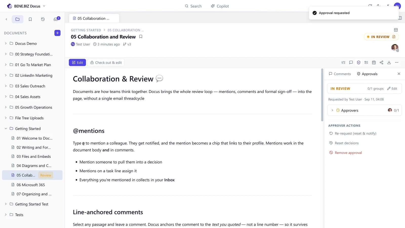 The Docus approval workflow showing reviewer groups, decisions and the derived document status