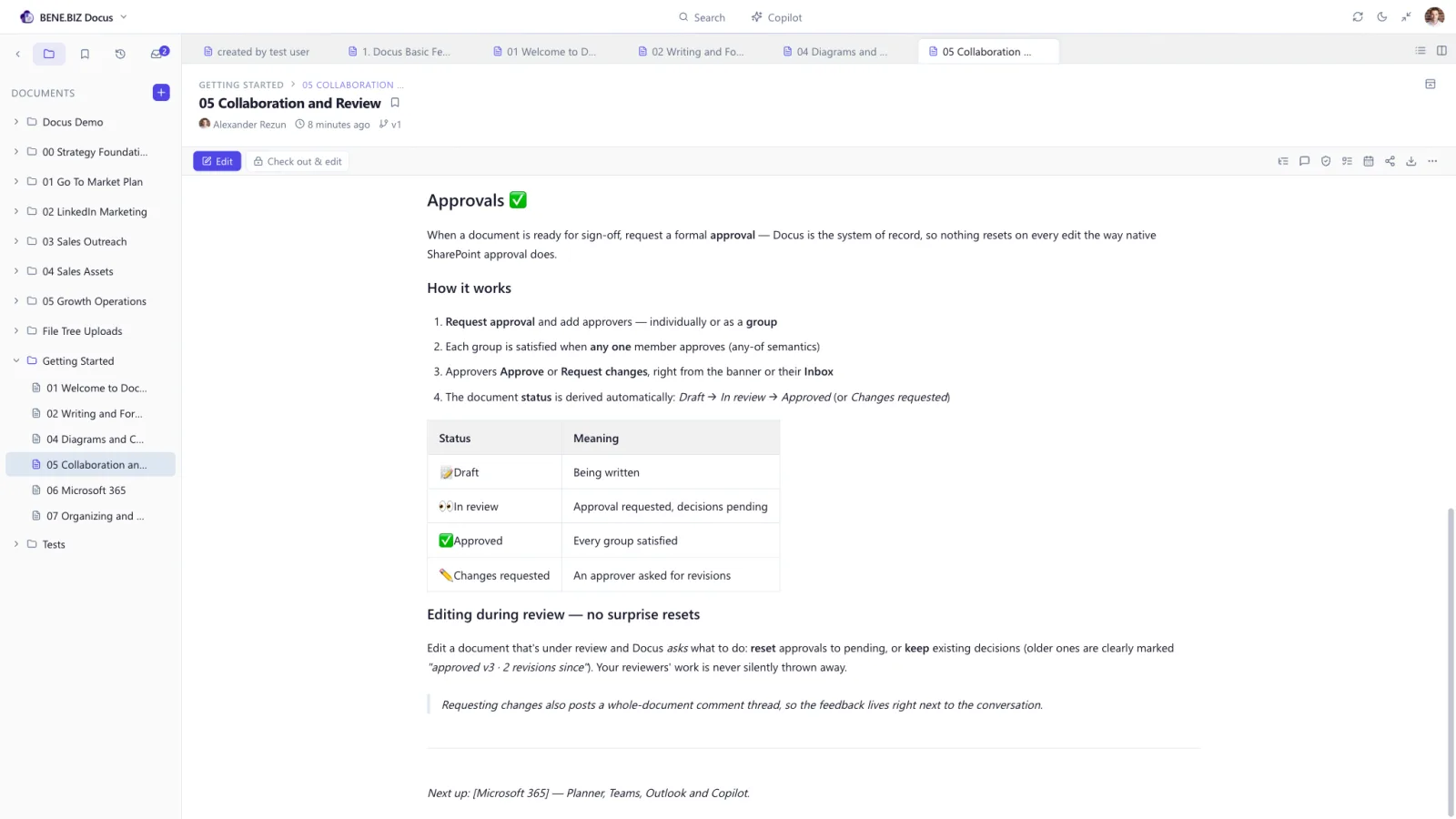 The Docus approval workflow with reviewer groups and a derived document status