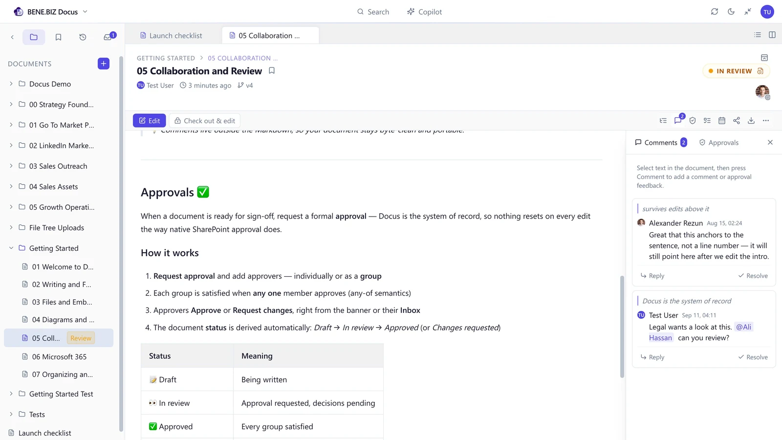 A Docus page in review, with a line-anchored comment thread and an @mention open in the side panel