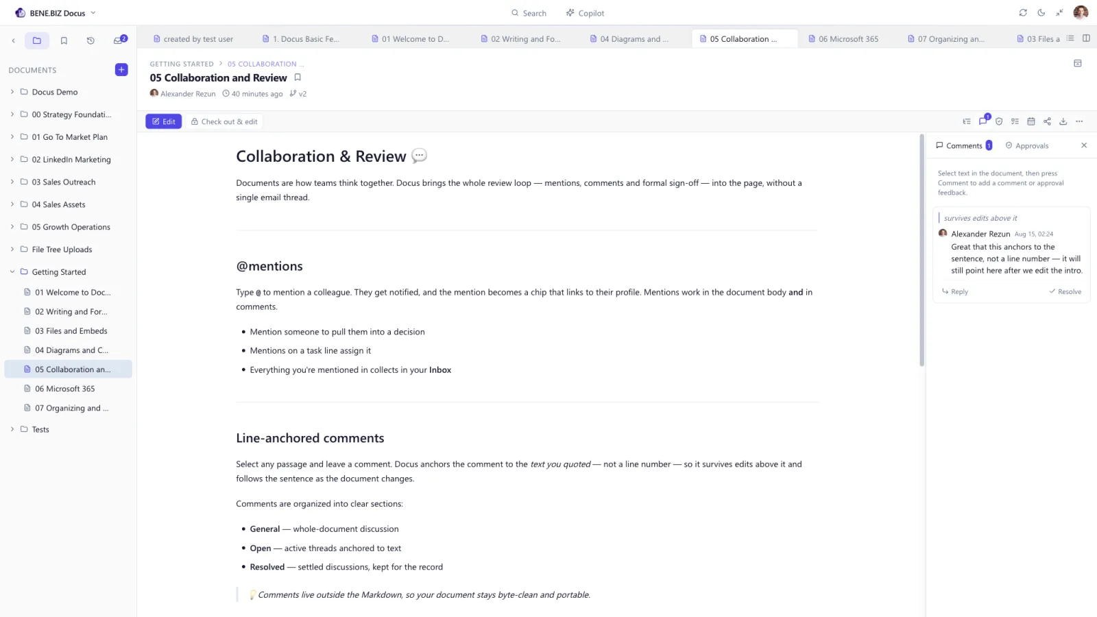 A Docus page under review, with a line-anchored comment thread open in the side panel