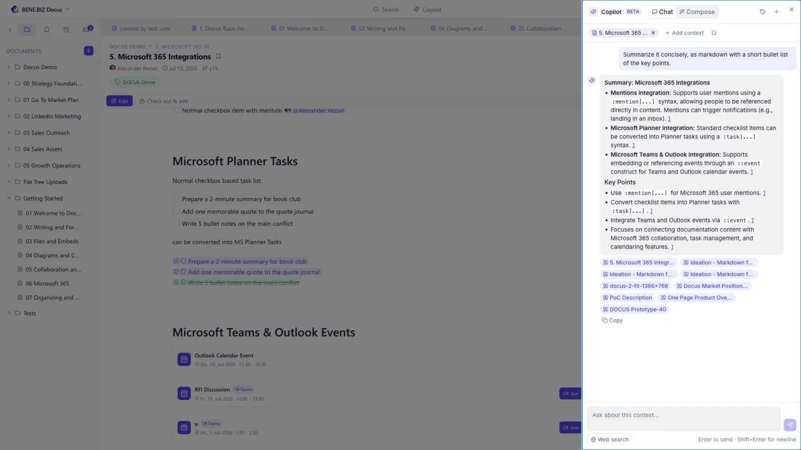 Copilot summarising an open Docus document in a side panel, with the source page still visible