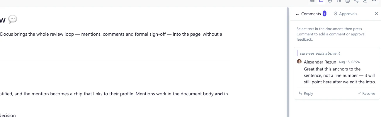 A Docus comment anchored to the quoted sentence, shown beside the document text