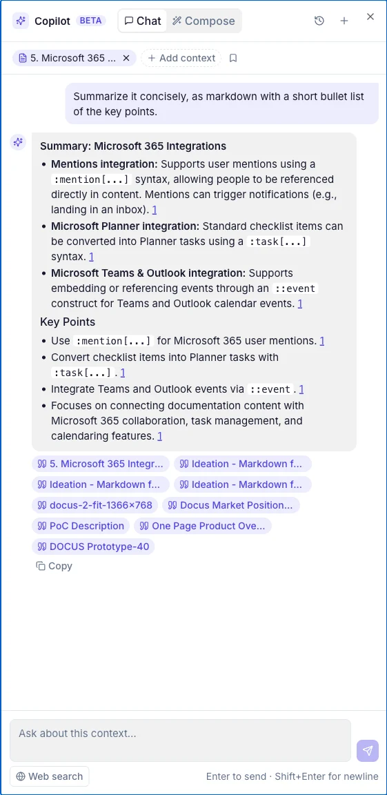 The Docus Copilot panel showing a cited summary of a document with source chips