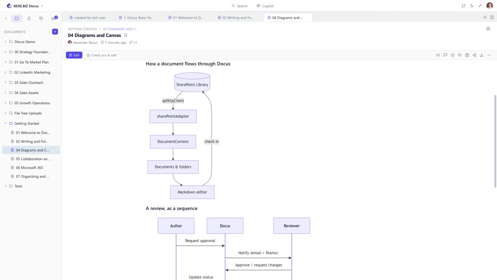 A live Mermaid flowchart and sequence diagram rendered in a Docus document