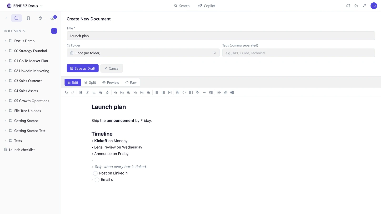 The Docus editor in Edit mode: a heading, bold text, a list, a quote and a checklist rendered live while typing