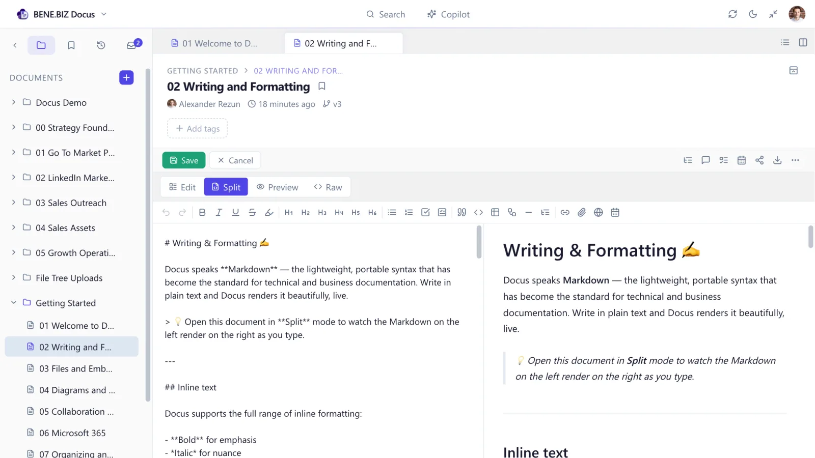 Docus split mode: Markdown source on the left, live rendered output on the right
