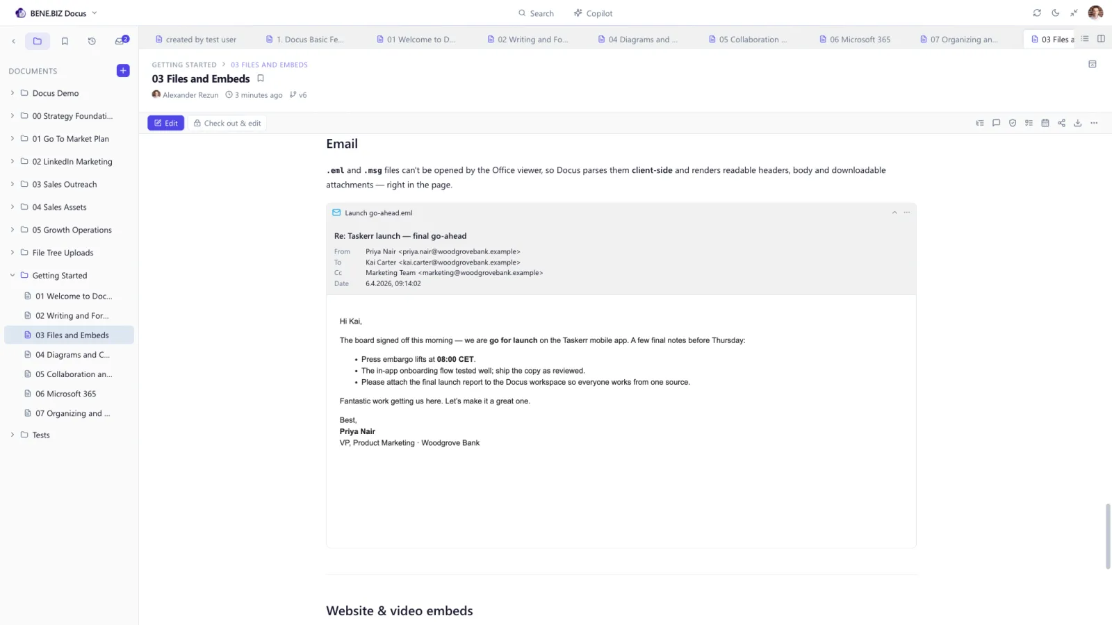 An .eml email rendered inline in Docus with headers, body and attachments