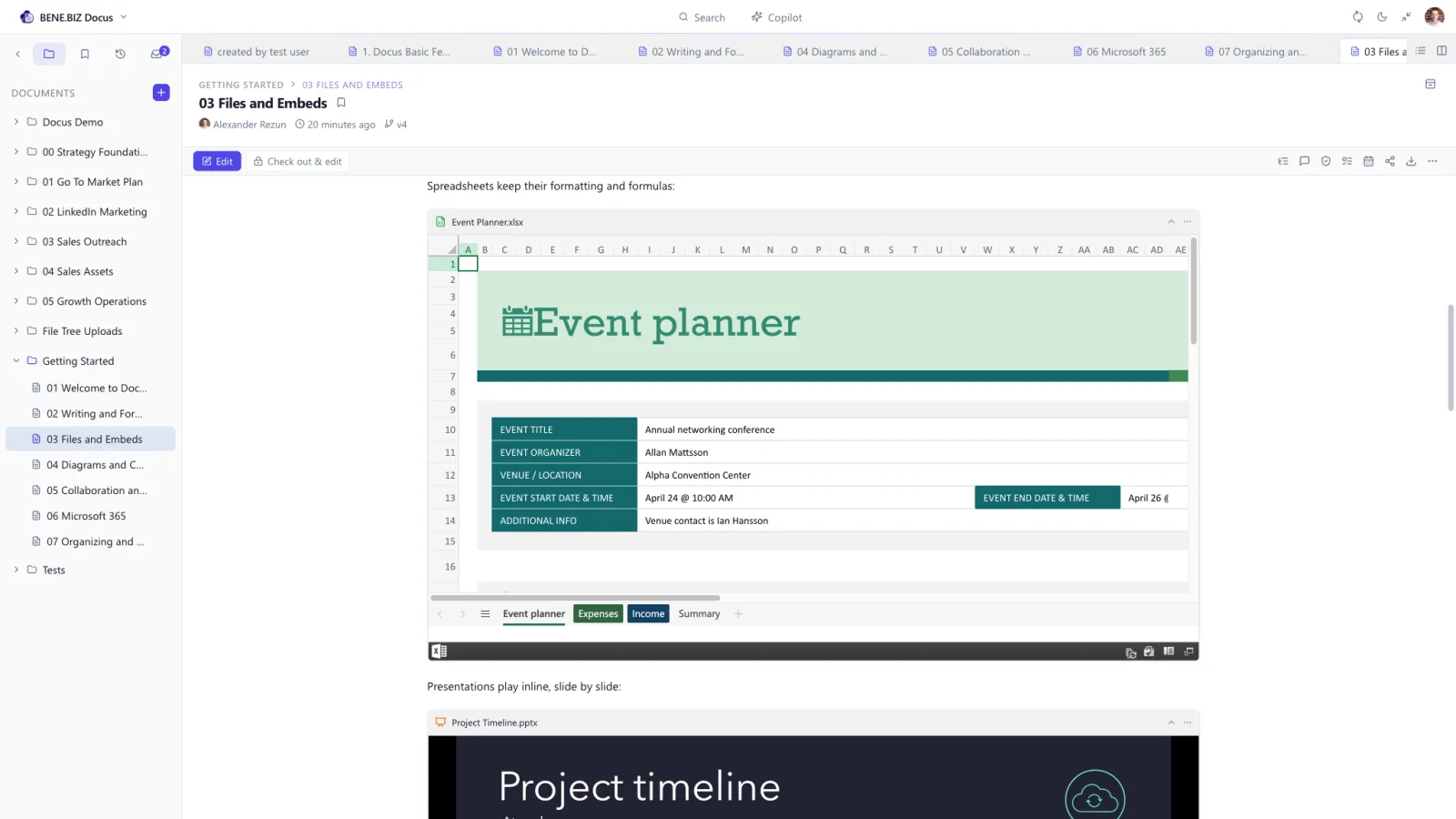 An Excel workbook rendered inline in Docus
