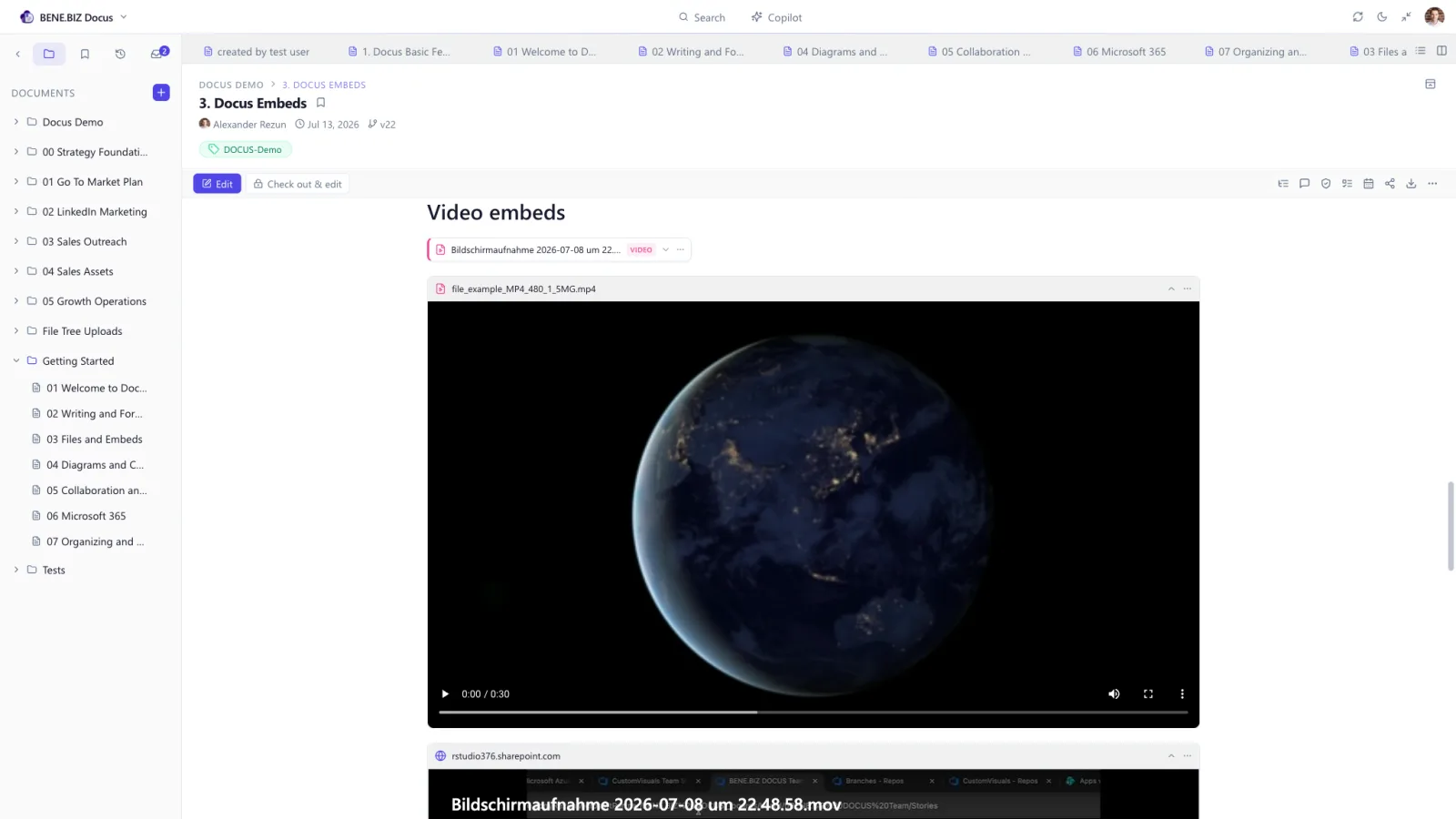 A video embedded and playing inline in a Docus page