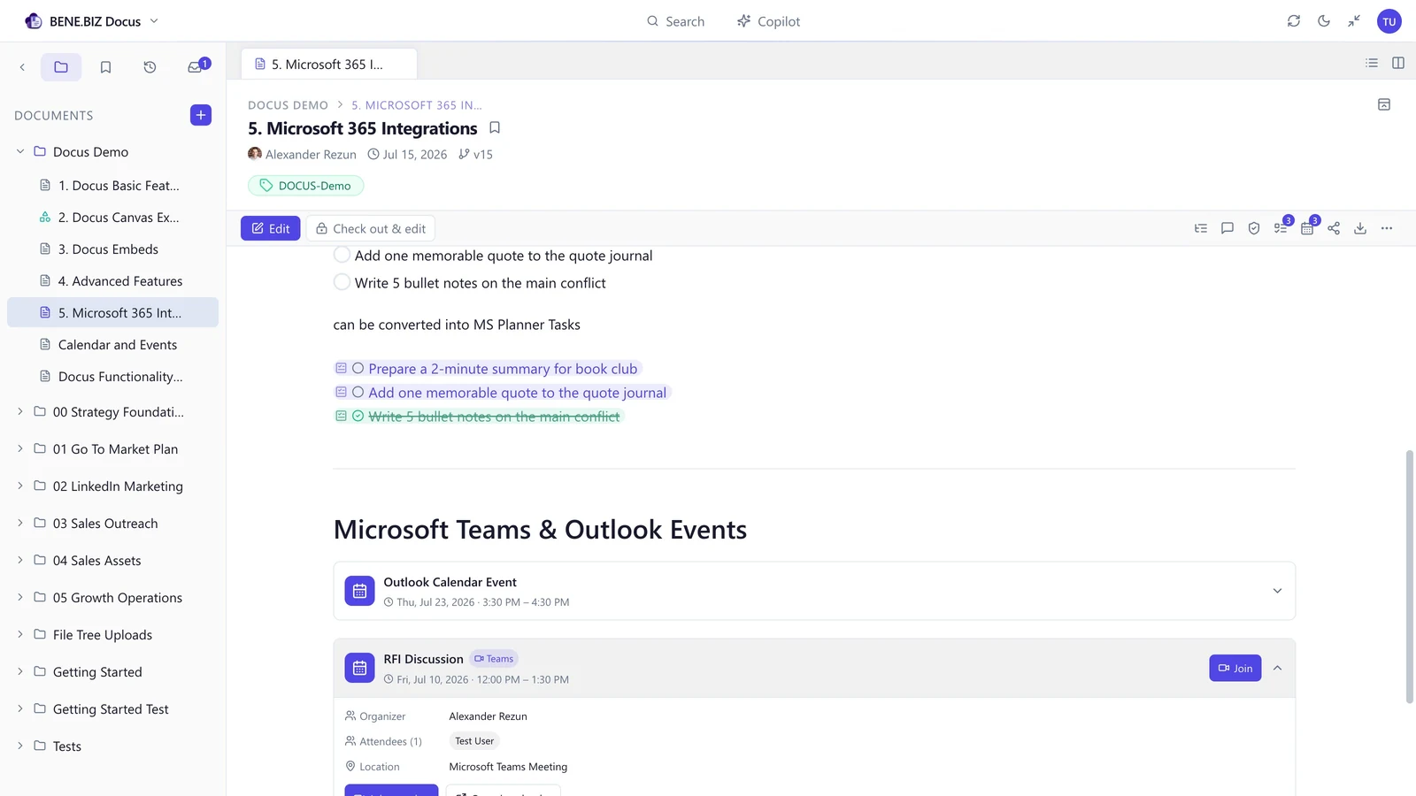 A Docus document with checklist items promoted to Microsoft Planner tasks and Outlook event cards