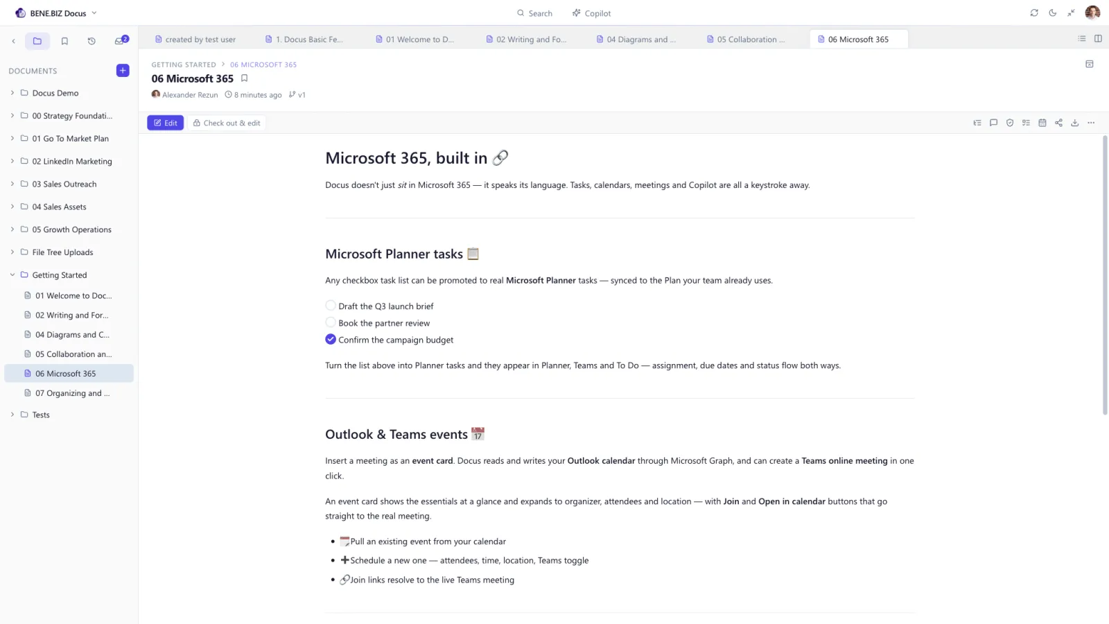A Docus document with checklist items promoted to Microsoft Planner tasks and Outlook event cards