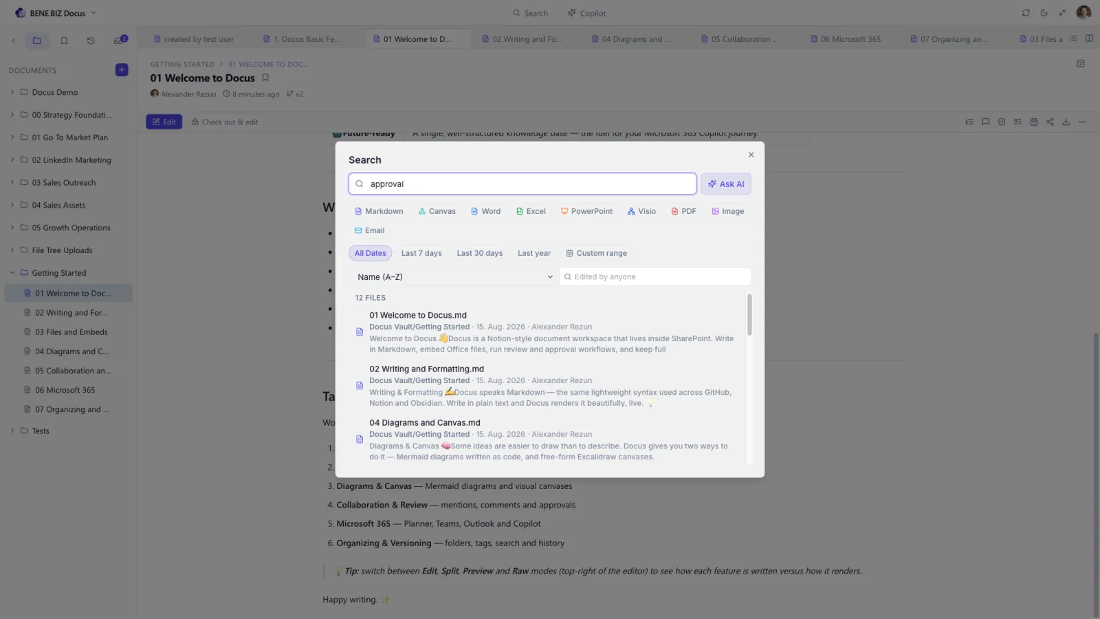 Docus cross-library search with file-type filters and content previews